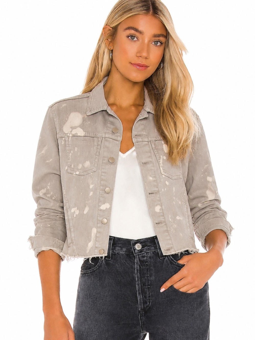 L’AGENCE Bleached Janelle Slim Denim Button Front Luxury Acid Wash Jean Jacket